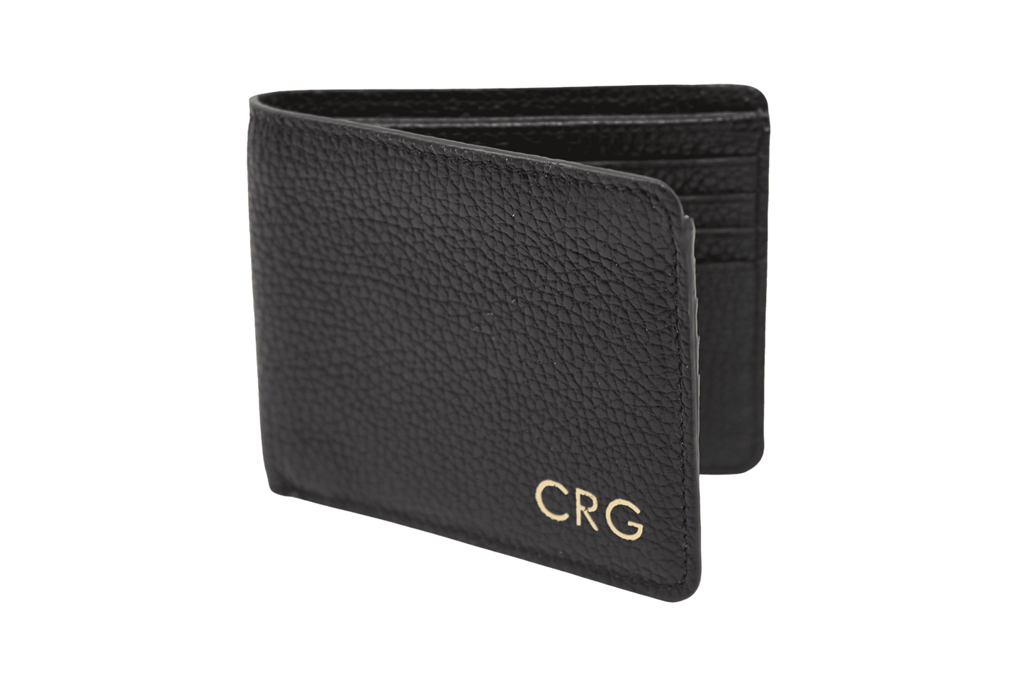 Billetera de cuero color negro con 3 iniciales de personalización , tiene compartimentos para billetes y documentos.