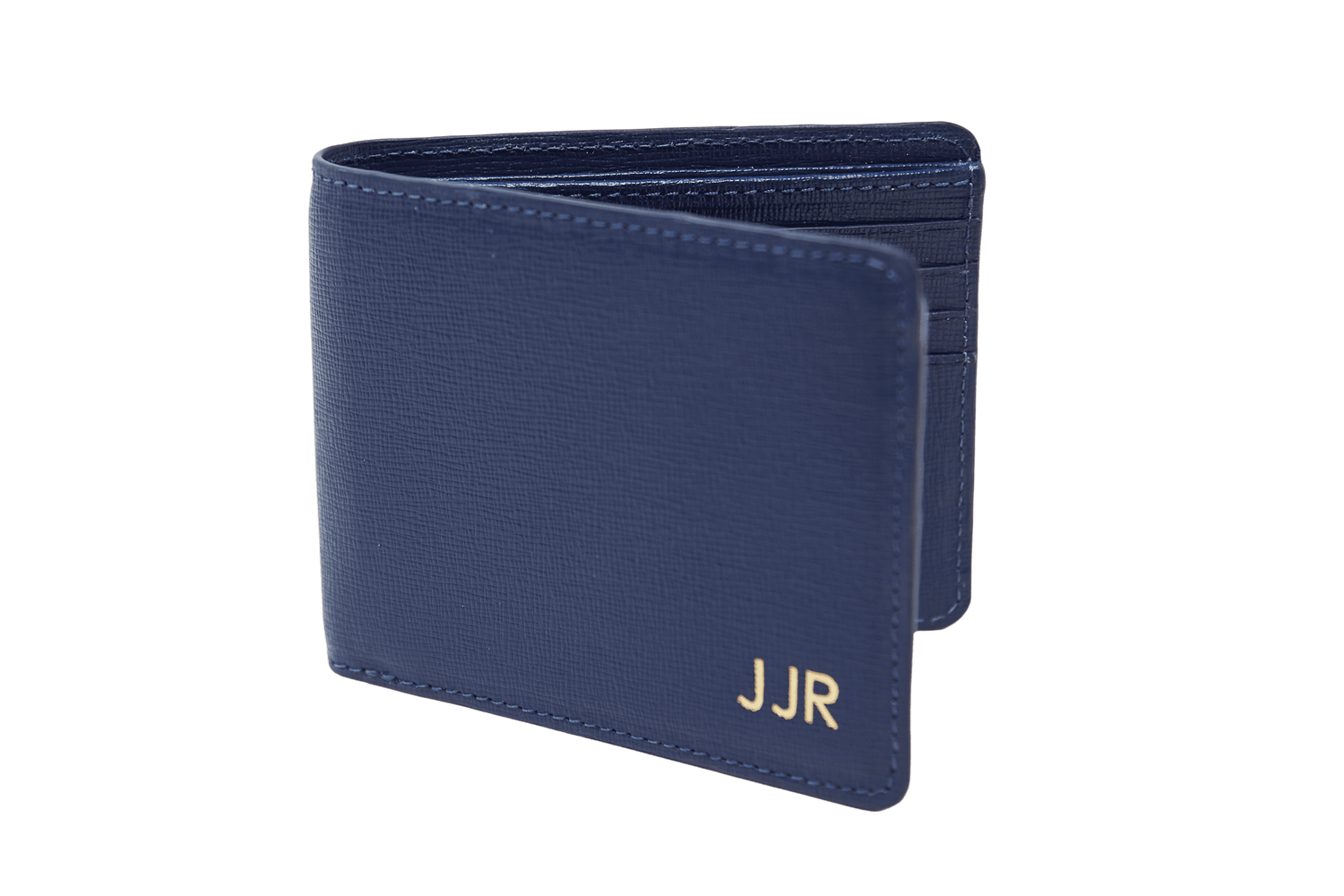 Billetera de cuero color azul con 3 iniciales de personalización , tiene compartimentos para billetes y documentos.